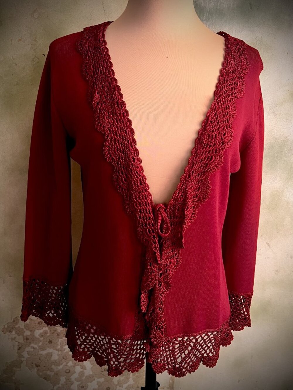 Joseph A. Small Red Vintage Crochet Trim Cardigan Tie Front Viscose Knit